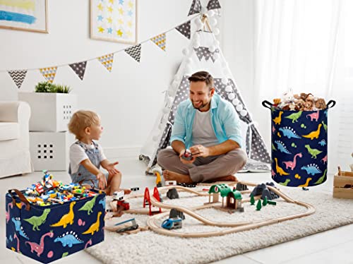 Image of Essme Dinosaur Basket,Dinosaur Storage Baskets for Boys, Dinosaur Baskets for Boys with Handle Dinosaur Baskets for Dinosaur Room Decor, Clothes,Books.(Navy Blue dinosaurs)