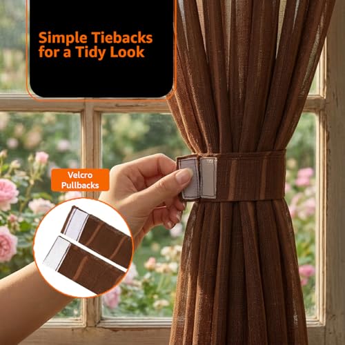 Image of Amazon Basics - Stripe Textured Sheer Door Curtains | Light Filtering | 7 Feet | Set of 2 | Striped Design | for Living Room, Bedroom & Balcony | 210cm x 115cm, Color - Coffee