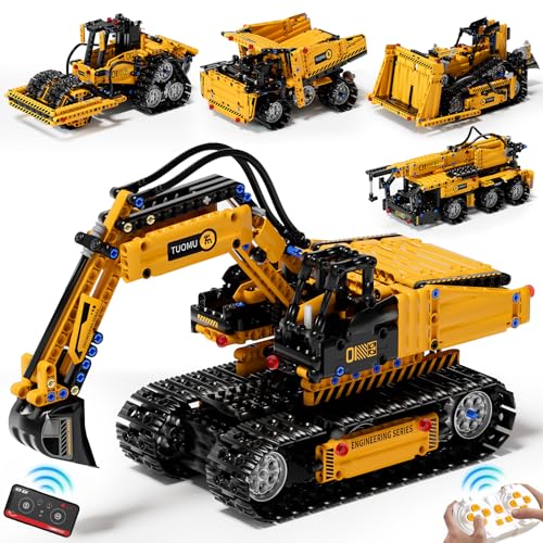 5 in 1 STEM Building Block Set for Kids Ages 8-14, Remote Control and App Controlled Excavator/Crane/Truck/Bulldozer/Roller, Birthday Gift for 8 9 10 11 12+ Years Old