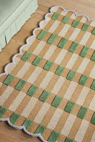 Image of Hand-Tufted Wool Area Rug with Scalloped Edges, Beige and Green Plaid Pattern, Cozy and Soft Accent Rug for Living Room, Bedroom, and Nursery, Handmade Decorative Rug, 8x11 Ft