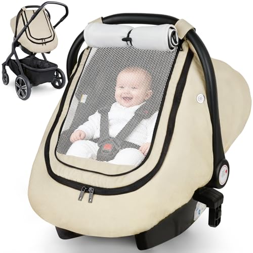 Image of Rquite Car Seat Cover Baby, Winter Carseat Covers Boy Girl, Waterproof Infant Car Seat Cover Warm Car Seat Canopy for Cold Weather, Windproof Baby Carrier/Stroller Cover with 2 Layers Windows, Beige