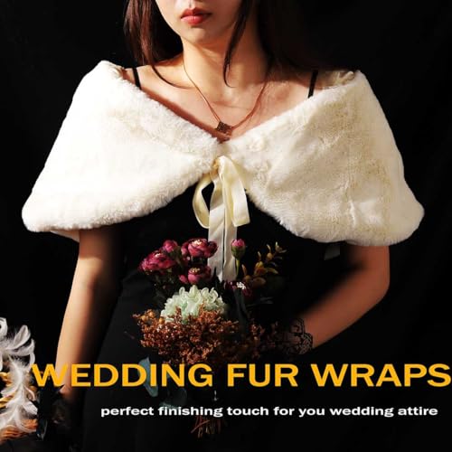 Yalice Women's Wedding Faux Fur Shawl and Wrap Bridal Fur Stole Cape Fur Scarf with Ribbon for Bride and Bridesmaids3