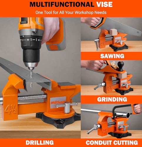 AV Steel 4-1/2" Bench Vise with 240° Flexible Swivel Locking Base and Anvil, High-Strength Multi-Purpose Workbench Vise Heavy-Duty, Cast Iron Workbench for Woodworking, Drilling, Pipe Cutting by AV Steel - Image 6