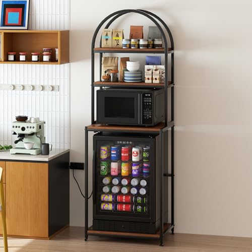 Image of ZONVEOKE Mini Fridge Stand, 4-Tier Mini Fridge and Microwave Storage Cabinet with Outlet and Wheels, Stable Durable Metal Frame Bakers Rack for Home Office Dorm Kitchen