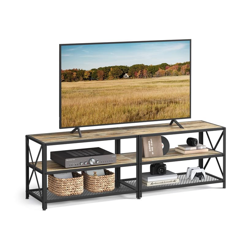 VASAGLE TV Stand, TV Console for TVs Up to 70 Inches, TV Table, 63 Inches Width, TV Cabinet with Storage Shelves, Steel Frame, for Living Room, Bedroom, Turquoise Brown and Black ULTV095B60