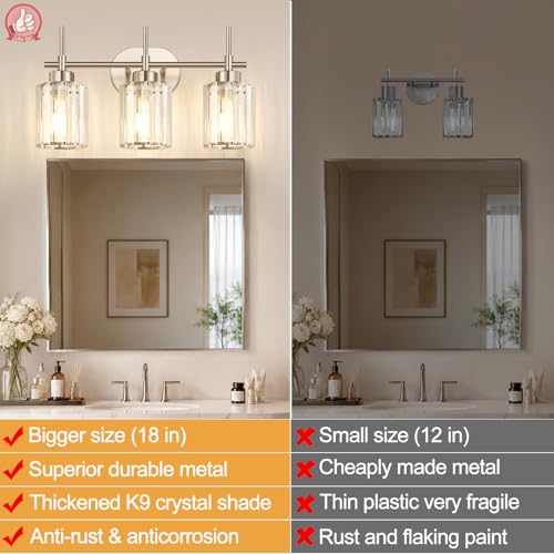 Image of 3-Light Bathroom Vanity Light Fixture, Brushed Nickel Bathroom Light with K9 Clear Crystal Shades, Modern Wall Sconce Lighting for Bathroom Mirror, Bedroom, Hallway