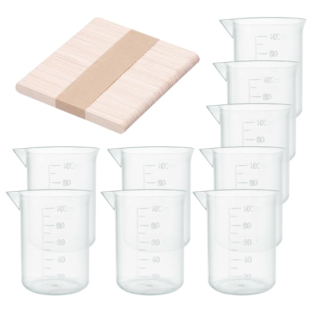 GSHLLO24 Pcs 100ml Plastic Measuring Cups Lab Graduated Beakers Clear Measuring Beakers Transparent Pouring Cups Paint Mixing Cups with 50 Pcs Wood Stirring Sticks