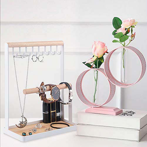 Portin Jewelry Organizer Display Stand Holder with Wooden Ring Tray and Hooks Storage Necklaces Bracelets, Rings, Watches Metal Desk Organizer Stand