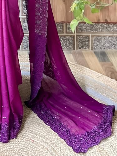 Image of AKHILAM Women's Georgette Embellished Saree With Unstitched Blouse Piece