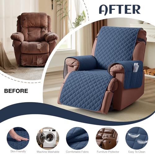 Image of KinCam 100% Waterproof Recliner Chair Cover, Reclining Couch Covers for Pets, Dogs, Recliner Couch Slipcover Furniture Protector with Elastic Straps for Kids(23.6 inch, Blue)