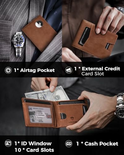 Image of LORZOR Mens Wallet with AirTag Holder, Bifold Full Grain Leather AirTag Wallet for Men, RFID Blocking, ID Window, Gift for Men, up to 12 Cards, AirTag Not Included