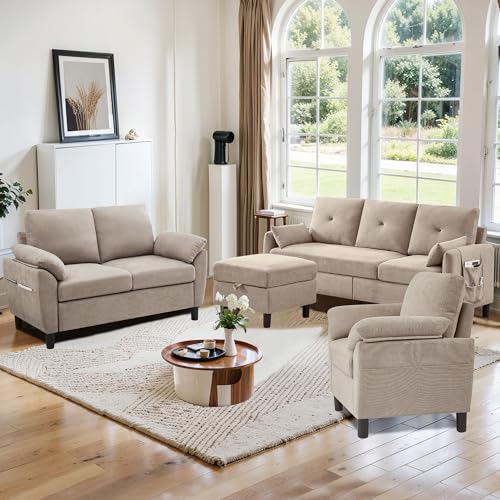 Portaforta Sectional Sofa Set, 77' Convertible Sofa & 45' Loveseat & 23' Chair, Small 3 Seat L Shaped Couch with Storage Ottoman and Side Pockets, Modern Couches for Living Room, Apartment, Beige