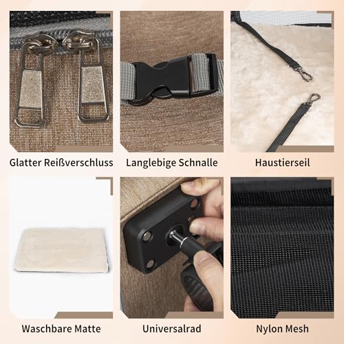OUUTMEE Haustiertragetasche, Tragetasche mit Rollen, Katzentragetasche mit Rollen, für Katzen und kleine Hunde, 4-Wege-Handtasche, multifunktionaler Rucksack, atmungsaktiv Khaki