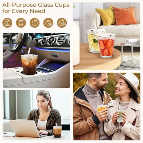 Image of KHOLAD Glass Water Tumbler with Straw and Lid Sealed Carry On Thick Wall Iced Coffee Sipper Cup Glass Cup for Water, Iced Tea Fruit Juice Set of 1, 400ml (Clear)