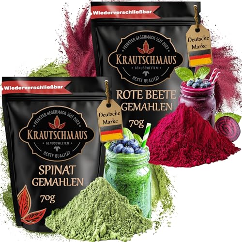 je 70g Rote Beete Pulver, Spinatpulver von Krautschmaus, für Desserts, Smoothies, Milkshakes und Joghurts, zum Kochen, getrocknet, gemahlen, intensive Farbe, natürliche Lebensmittelfarbe je 70g Rote Beete Pulver, Spinatpulver von Krautschmaus, für Desserts, Smoothies, Milkshakes und Joghurts, zum Kochen, getrocknet, gemahlen, intensive Farbe, natürliche Lebensmittelfarbe
