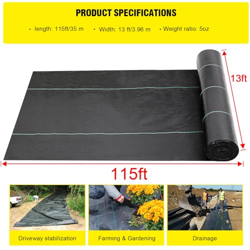 DWALE Driveway Fabric,13x115 ft Road Fabric Commercial Weed Barrier Fabric, Landscape Fabric Heavy Duty 5OZ French Drain Fabric for Erosion Control,Landscape Fabric,Weed Barrier,Construction Projects