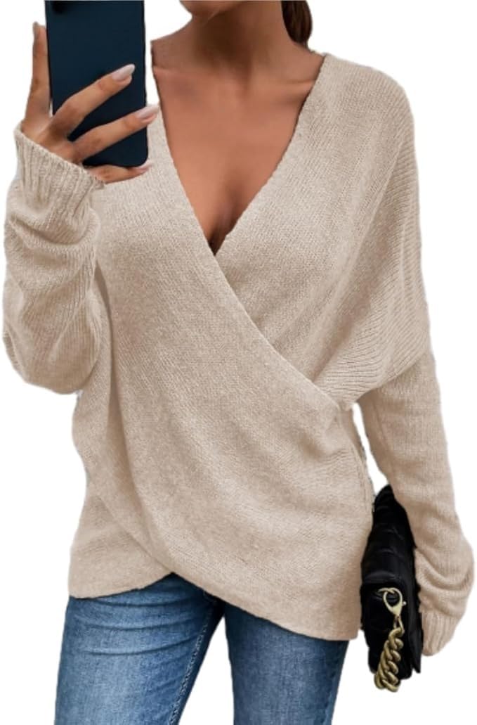 Women's V-Neck Crisscross Sweater Oversized Long Sleeve Cross Wrap Knit Pullover Top Fall Fashion Cute Sweaters