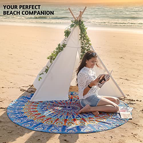 Folkulture Set of 2 Beach Blanket or Round Mandala Tapestry - Bohemian or Boho Tablecloth, Hippie Beach Towel or Picnic Throw, Cotton Yoga Mat or Circle Rug for Meditation - 72 Roundie, Blue Mustard - Image 6