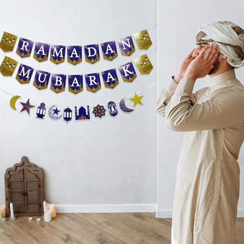zhxinashu Ramadán Mubarak Banner - Eid Mubarak Decoraciones, Azul Oro Glitter Luna y Estrellas, Decoracion Ramadan 2025, Islámica Eid Celebración de Suministros, Ramadan Kareem Party Supplies