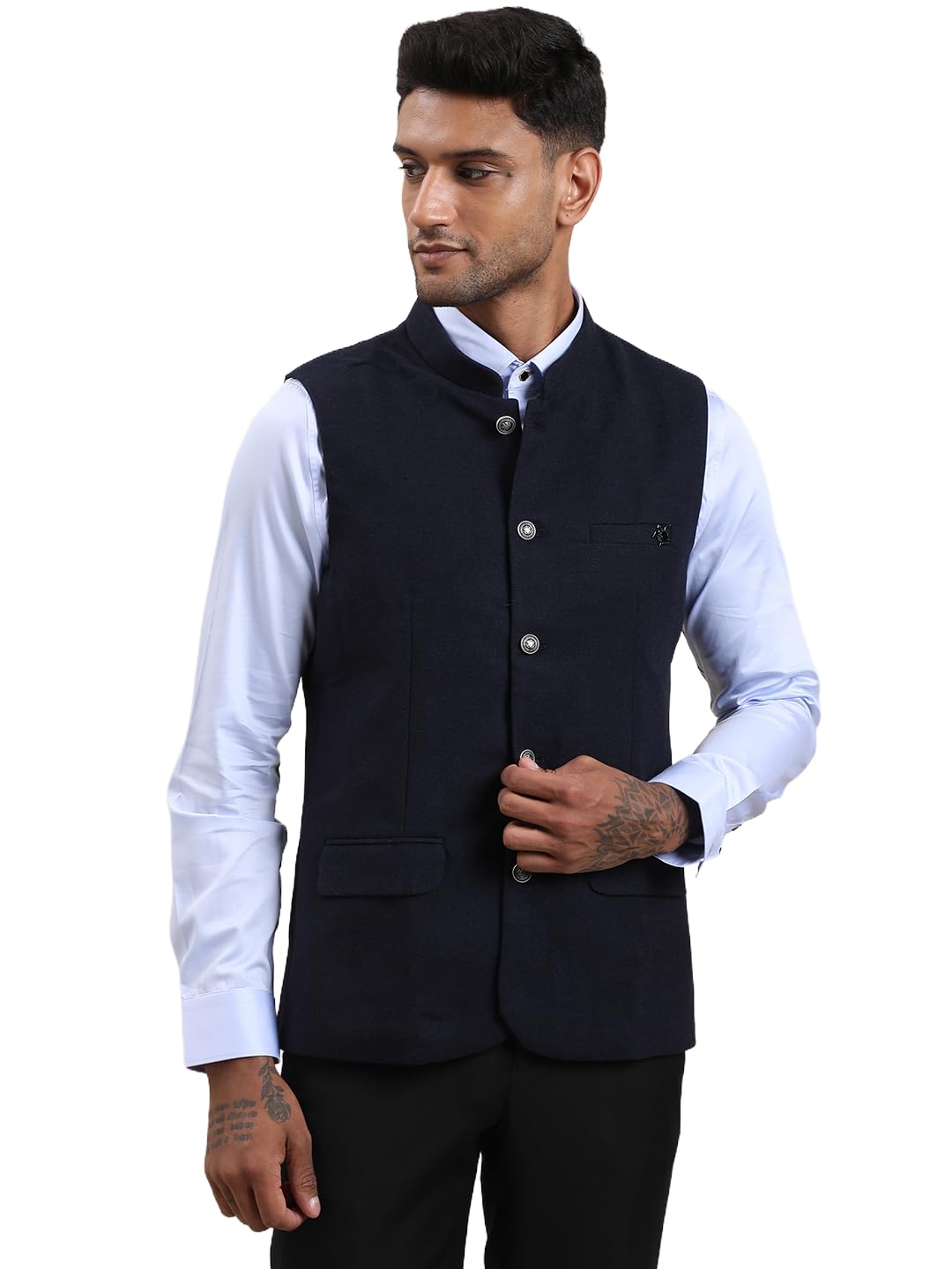 Men Terry Rayon Tailored Fit Solid Blue Nehru Jacket-image-23
