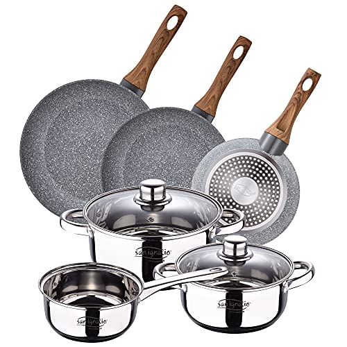 San Ignacio batería 5 Piezas + Set 3 sartenes, Acero Inoxidable, Cromado, Pack + 20/24/28 cms