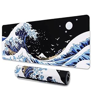 MEWOOCUE Gaming Laptop Mouse Pad,Sea Wave Big Mice Pads PC Keyboard Waterproof and Non-Slip 31.5 x 11.8inches 3mm Thick XL,XXL Rubber Table Mat, Kanagawa Surfing and Black Japanese Mouse Pads