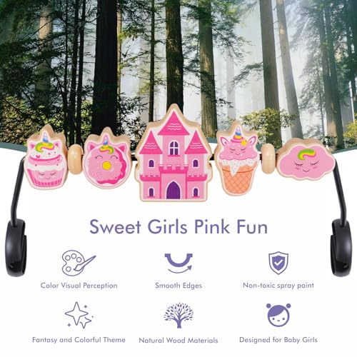 Image of iGRATENS Baby Bjorn Bouncer Toy Bar, Adorable Pink Elements Wooden Toy for Bouncer Soft & Bliss, Easy to Attach and Remove, Child-Friendly Materials, Special Design for Baby Girls, Castle & Dessert