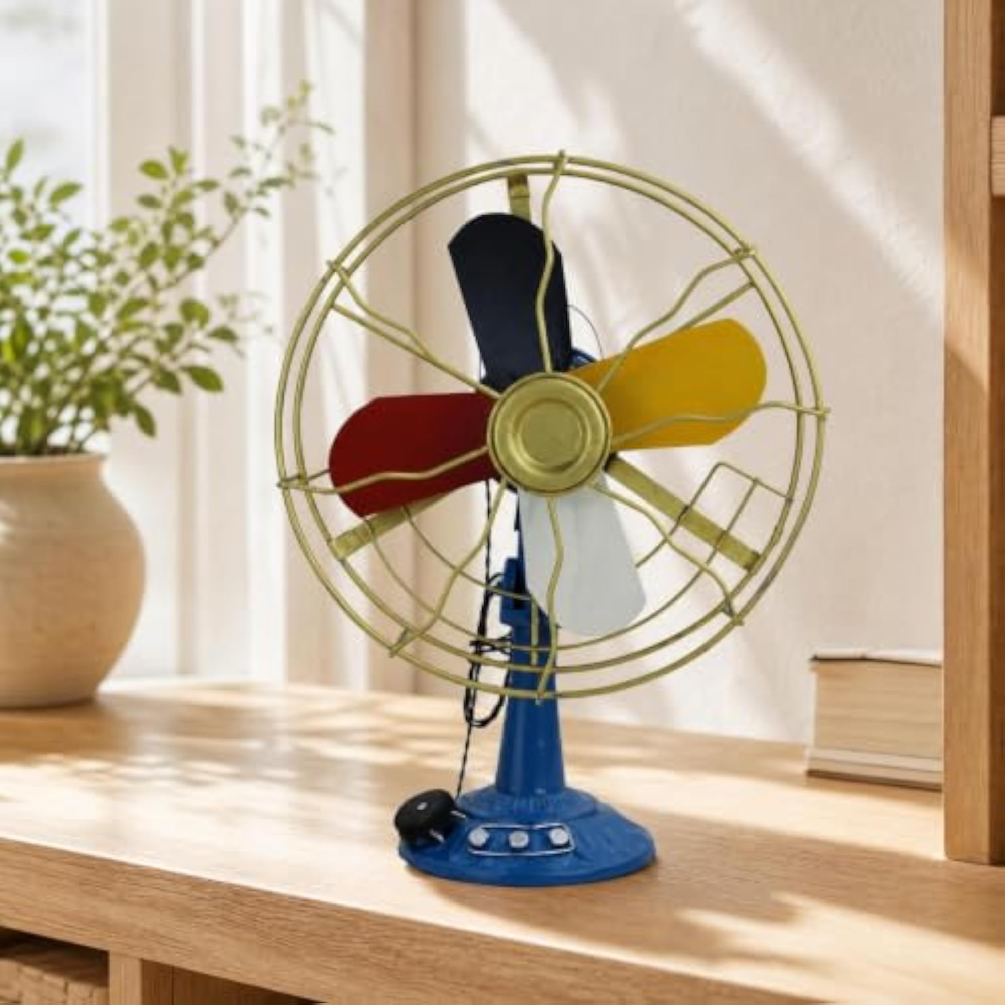 Freestanding Decorative Fan with Pedestal Base, Rainbow Blue