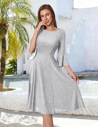 Image of HomRain Women's Church Dresses Modest Bell Sleeve Wedding Guest Cocktail Tea Party Vintage Evening Dress