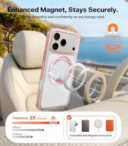 Image of TORRAS 360 Magnetic Stand for iPhone 17 Pro Case, Ultra Clear, CosmicOrange | Fit for MagSafe, 4X Military-Grade Protection, Anti-Yellow, Camera Button, Slim Non-Slip, For Women 6.3 inch, O3 Light Series