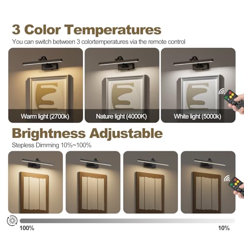 LED Wireless Picture Light with Remote Control – Dimmable, USB Rechargeable, 270° Rotate, 15.5 Inch Black Wall Lamp for Art and Gallery