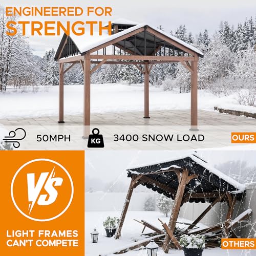 SUNJOY 12 x 12 ft. Hardtop Gazebo 2-Tier Wooden Cedar Frame Outdoor Gazebo with Ceiling Hook for Patio, Backyard, and Garden, Brown - Image 8