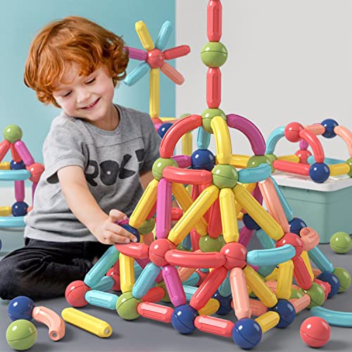BAKAM Magnetic Building Blocks for Kids Ages 4-8 STEM Construction Toys for Boys and Girls Large Size Magnetic Sticks and Balls Game Set for Kids Early Educational Learning (64PCS)