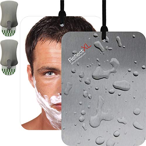 Product Image of the Mirror On A Rope ReflectXL Shower Mirror Our Largest Mirror. Shatterproof. Easily Eliminate Fog and Shadows. Includes Two Removable Adhesive Hooks and an Adjustible Rope (Wet Steel)