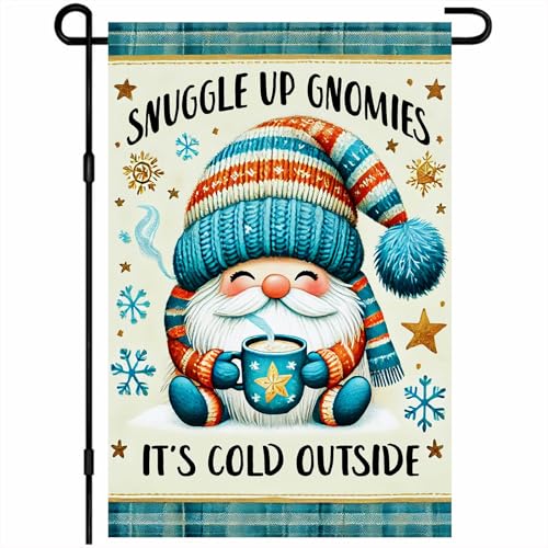 Image of BlissYard Winter Yard Flag Snowflake Gnomies Coffee 12x18 Inch Polyester