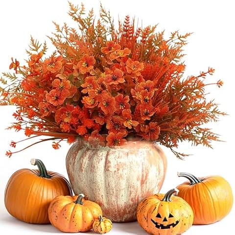 16 Bundles Artificial Flowers for Outdoors, 4 Styles Fake Fall Mums Autumn Plants for Garden Decor Window Box Porch Patio Hanging Planter Pathway Front Porch Thanksgiving Xmax Decor (Green Orange) Cover