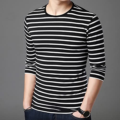 SHUIANGRAN Men's Striped T-Shirt Black and White Long Sleeve Casual Pullover Crew Neck Cotton Shirts 8828 Black US M2