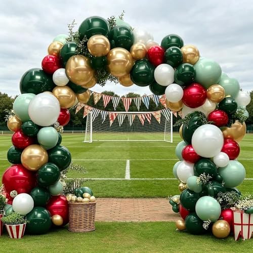Image of Soccer Balloon Arch Kit, Double Stuffed Dark Green Red Pearl White Gold Balloons Emerald Green Burgundy Balloon Garland for World Cup Soccers Football Sports Theme Birthday Graduation Party Decoration