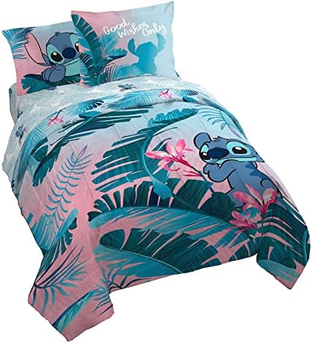Jay Franco Disney Lilo & Stitch Floral Fun 7 Piece Queen Bed Set - Includes Reversible Comforter & Sheet Set Bedding - Super Soft Fade Resistant Microfiber - (Official Disney Product)