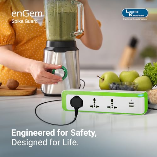 Image of Lauritz Knudsen Electrical & Automation Spike Guard 3 Way with Twin USB Charger & Resettable Fuse | 3 Year Warrenty | for Laptop, Tablet, Smart Watch, Earbud | (Green & White, OA05W06)