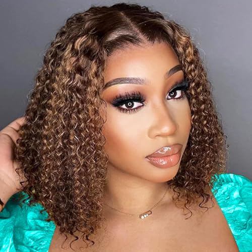 Image of SOEZ 12 Inch Highlight Ombre Bob Wig Human Hair 13x4 Deep Wave Lace Front Wigs Human Hair Honey Blonde Short Curly Bob Wig 4 /27 Water Wave Human Hair Wig 180% Density Wet Wavy Colored Wig for Women