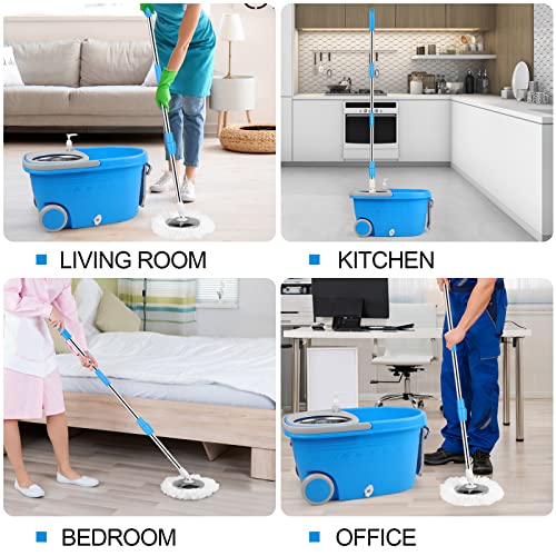 Wischeimer mit Auswringer-Set, verlängerter Edelstahlgriff, 3 Mikrofaser-Ersatz-Moppkopf-Nachfüllungen, 2 Räder für Haushaltsreinigung, Hartholzbodenfliesen, Blau/Grau – Bild 8