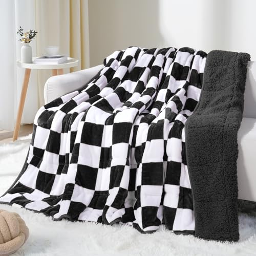 Image of Weighted Blanket for Adults, 15lbs Sherpa Flannel Weighted Blanket Full Size, Soft Fluffy Fleece Checkerboard Weighted Blankets for Calming and Relax, Plaid Black, 48 inch x 72 inch