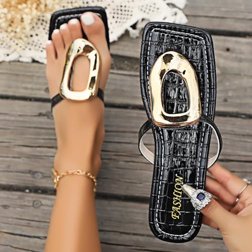 Flip-Flops for Women Thong Sandals Flat,Black and Gold Sandals,Beach Sandals Casual Slide Shoes,Square Open Toe Dressy Summer Sandals,Slipper Slip on Leather Slides Metal Hardware Decoration2