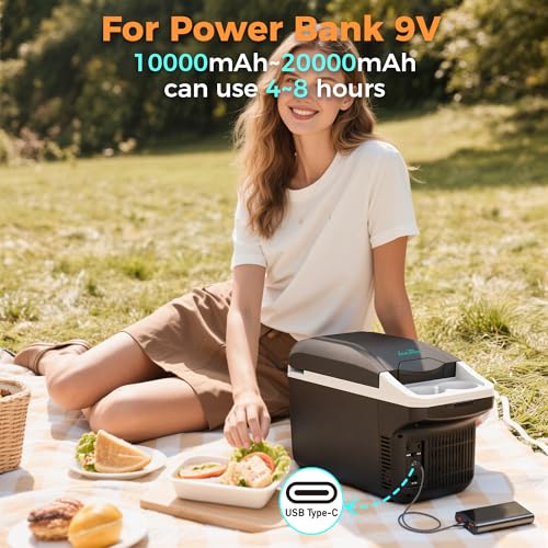 Image of Iceblue Electric Cooler with Type-C, 8 Liter /11 Cans Mini Fridge with Belt, 9V Type-C Thermoelectric Dual-use Car Refrigerator, Car Fridge for Car, Dorm, Travel, Picnic, Gift (Black)