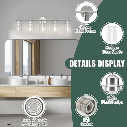 Image of Bathroom Vanity Light Fixtures Brushed Nickel Bathroom Lighting Fixture, 5 Lights Bathroom Light Fixture Over Mirror, Modern Black Vanity Light, Wall Sconces with Glass Shades