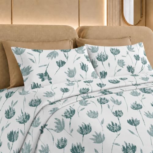 Image of Jaipur Weaves Cotton Linen Feel King Size Bedsheet 108x108 Super King, 100% Pure Cotton Bed Sheet with 2 Pillow Covers, 300 TC Soft Breathable Floral Design Bedding -(Tulips Green,Super King)