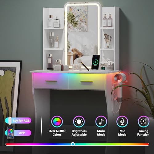 Image of HUANLEGO Small Pink Vanity Desk with Mirror and Lights for Women Girls | Vanity Mirror with Lights, 3 Lighting Adjustable, LED Light Strips, Built-in Power Outlet, Compact Dressing Table For Girls