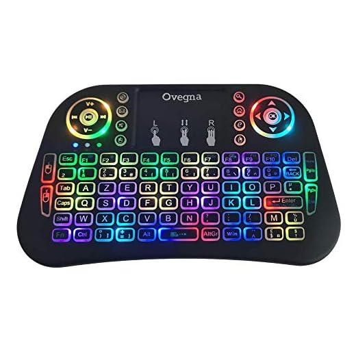 Ovegna i10 : Mini Clavier sans Fil AZERTY, Wireless 2.4Ghz, Touchpad, Batterie Rechargeable, Rétro-éclairée RVB, pour Smart TV, PC, Mini PC, Mac, Raspberry PI 2/3/4, Consoles, Laptop et Android Box