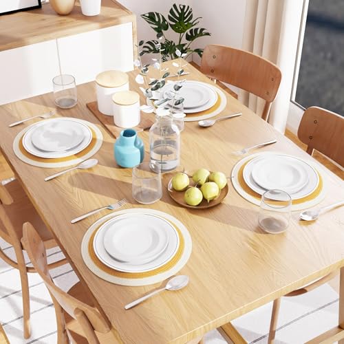 Image of Dining Table Mats Set of 4 | Cotton Table Mat 32 cm Diameter, Encasa XO Washable Round Table Mats, Heat Resistance Dining Table Placemats, Handmade Ribbed Style for Centre Table, Yellow & Off White